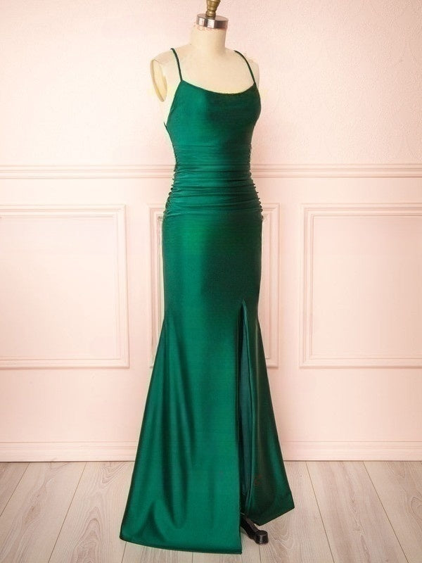 Silk-like Satin Floor-length Sheath/Column Ruffles Scoop Neck Bridesmaid Dresses