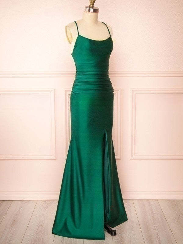 Silk-like Satin Floor-length Sheath/Column Ruffles Scoop Neck Bridesmaid Dresses