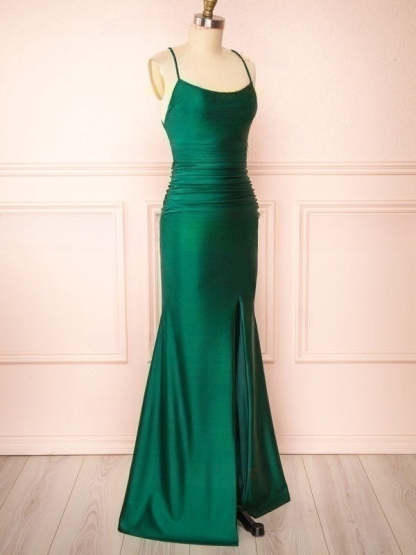 Silk-like Satin Floor-length Sheath/Column Ruffles Scoop Neck Bridesmaid Dresses