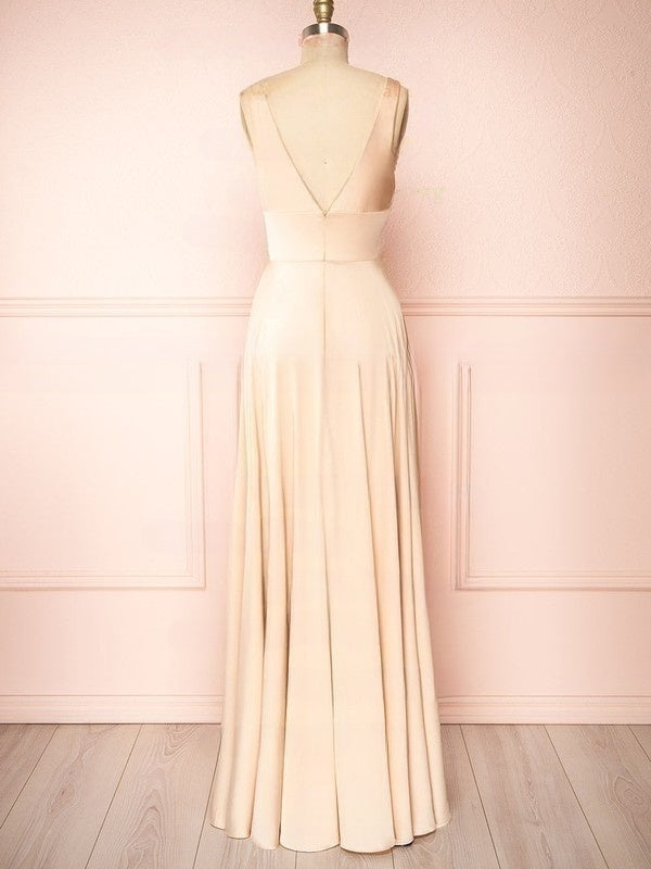 A-line V-neck Satin Floor-length Bridesmaid Dresses With Ruffles
