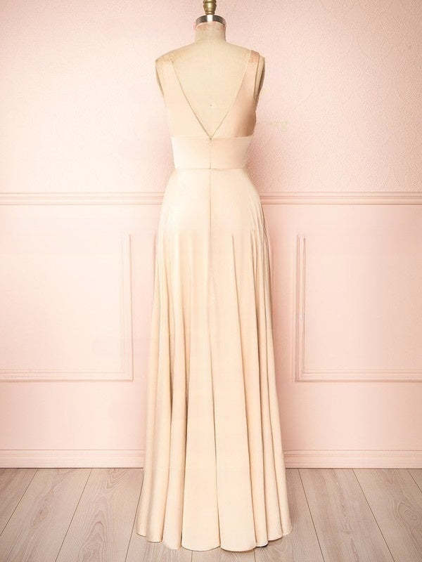 A-line V-neck Satin Floor-length Bridesmaid Dresses With Ruffles