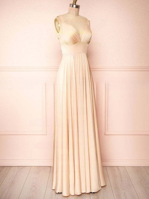 A-line V-neck Satin Floor-length Bridesmaid Dresses With Ruffles