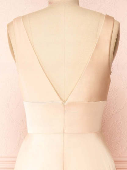 A-line V-neck Satin Floor-length Bridesmaid Dresses With Ruffles