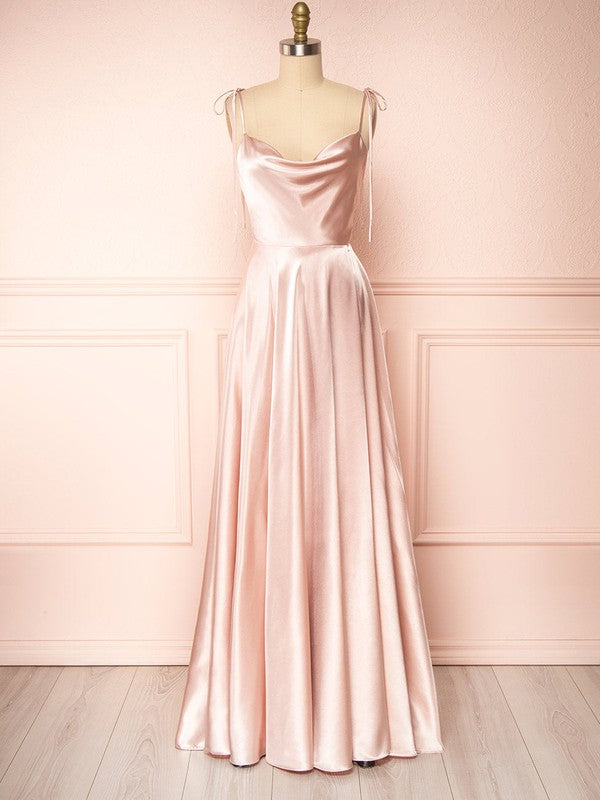 A-line Cowl Neck Bridesmaid Dresses in Silk-like Satin with Split Front and Sweep Train