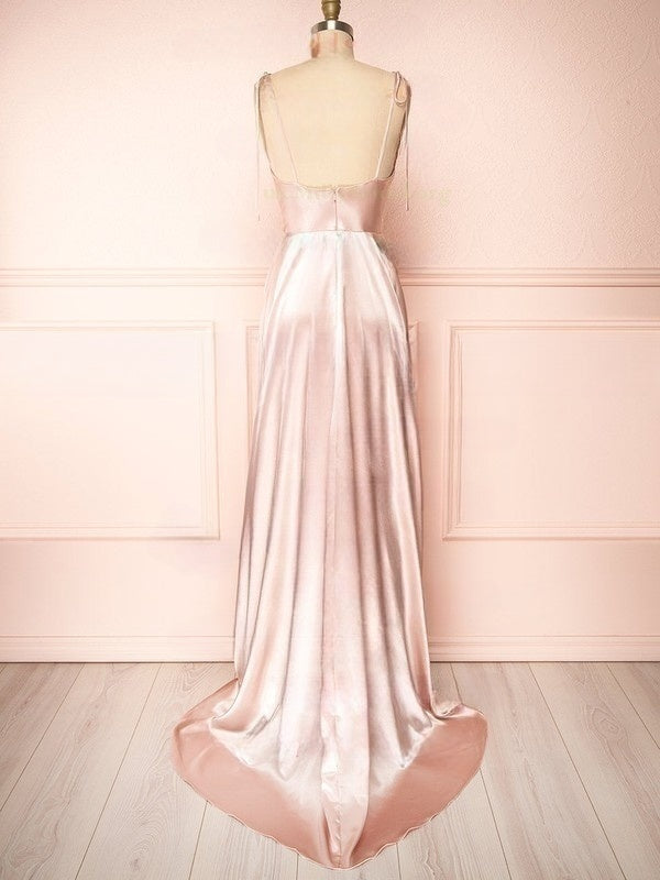 A-line Cowl Neck Bridesmaid Dresses in Silk-like Satin with Split Front and Sweep Train