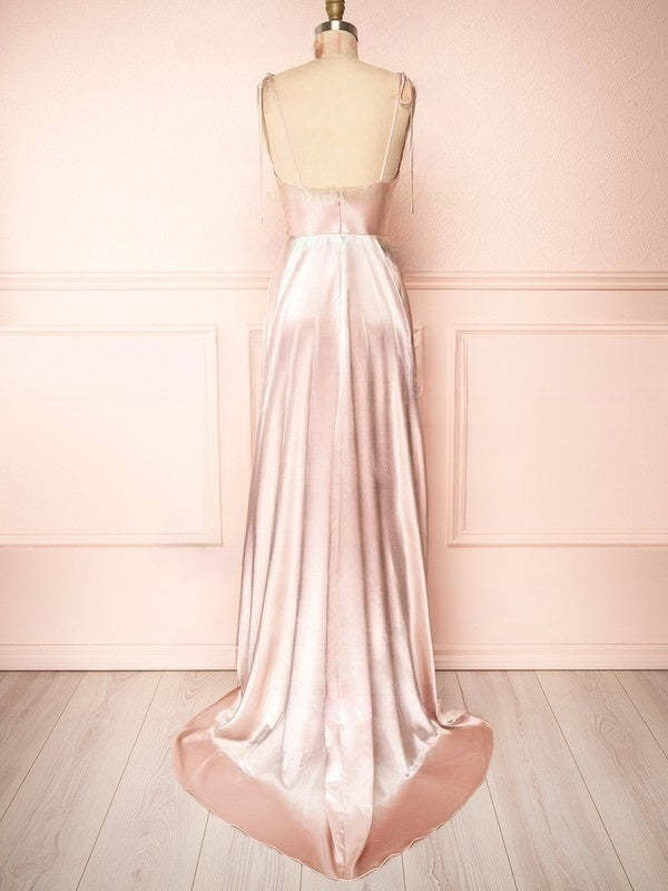 A-line Cowl Neck Bridesmaid Dresses in Silk-like Satin with Split Front and Sweep Train