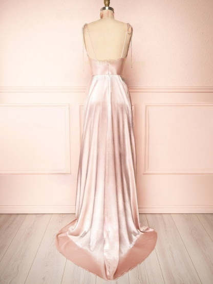 A-line Cowl Neck Bridesmaid Dresses in Silk-like Satin with Split Front and Sweep Train