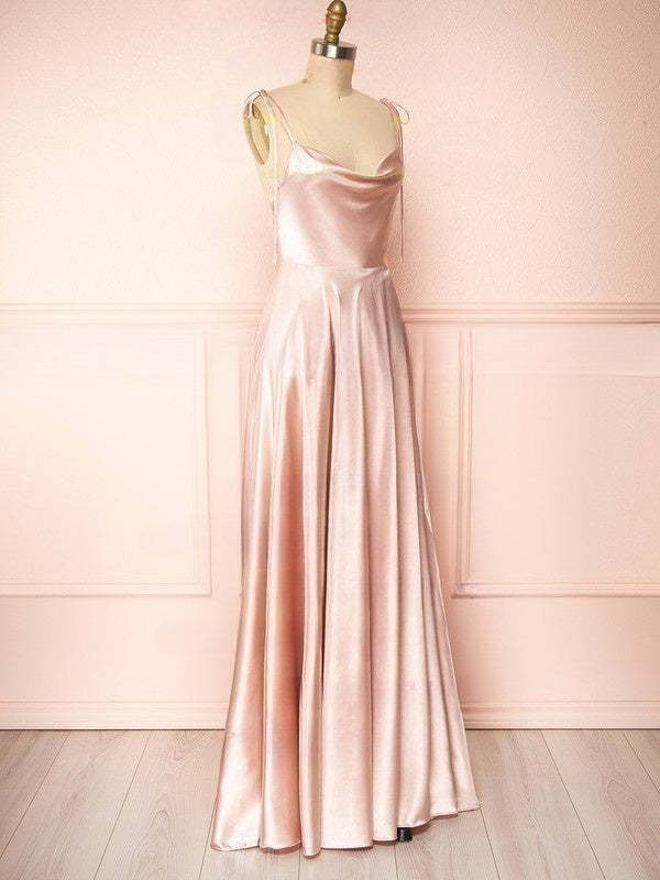 A-line Cowl Neck Bridesmaid Dresses in Silk-like Satin with Split Front and Sweep Train