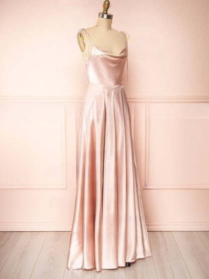A-line Cowl Neck Bridesmaid Dresses in Silk-like Satin with Split Front and Sweep Train
