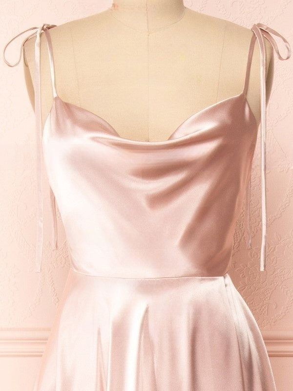 A-line Cowl Neck Bridesmaid Dresses in Silk-like Satin with Split Front and Sweep Train