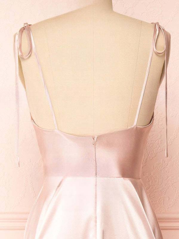 A-line Cowl Neck Bridesmaid Dresses in Silk-like Satin with Split Front and Sweep Train