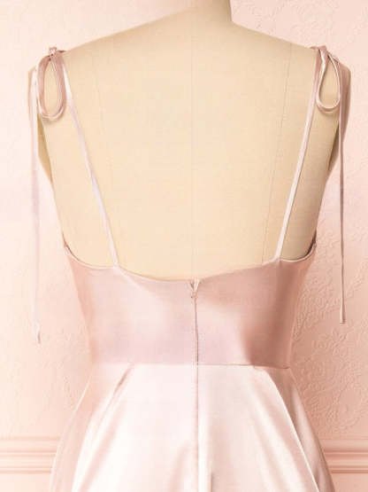 A-line Cowl Neck Bridesmaid Dresses in Silk-like Satin with Split Front and Sweep Train