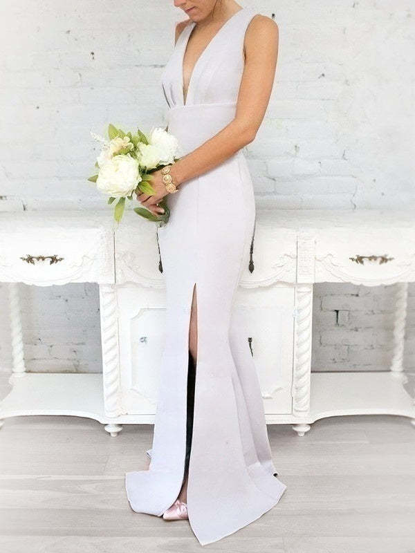 V-Neck Stretch Crepe Sheath Bridesmaid Dress with Side Split