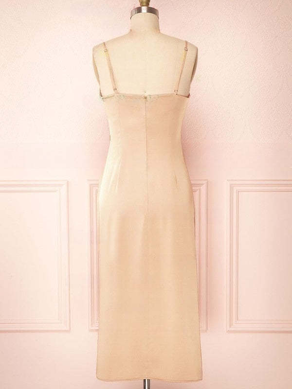 Silk-like Satin Sheath/Column Cowl Neck Tea-length Split Front Bridesmaid Dresses