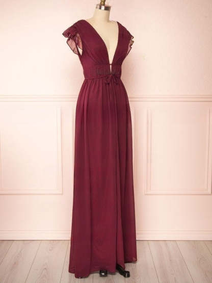 A-Line V-Neck Chiffon Floor-Length Bridesmaid Dress with Sashes / Ribbons