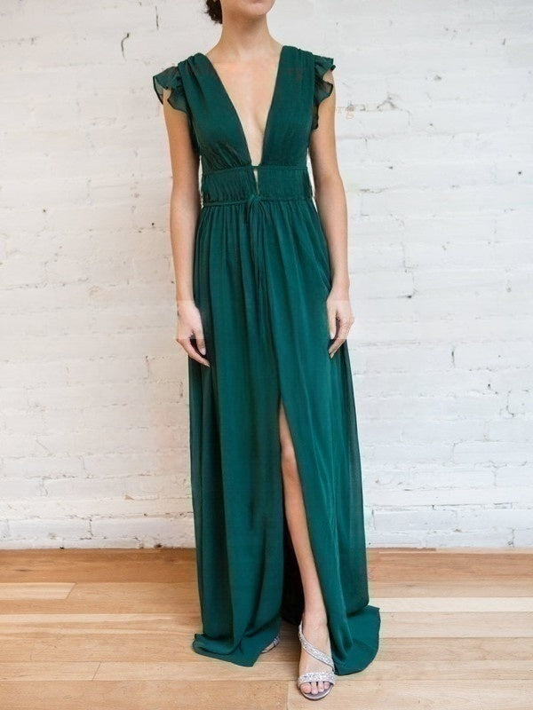 A-Line V-Neck Chiffon Floor-Length Bridesmaid Dress with Sashes / Ribbons