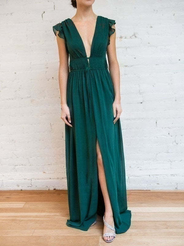 A-Line V-Neck Chiffon Floor-Length Bridesmaid Dress with Sashes / Ribbons