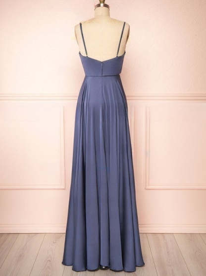 A-line V-neck Silk-like Satin Floor-length Ruffles Bridesmaid Dresses