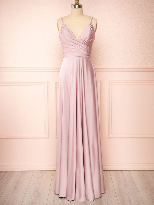 A-line V-neck Satin Floor-length Bridesmaid Dresses with Ruffles