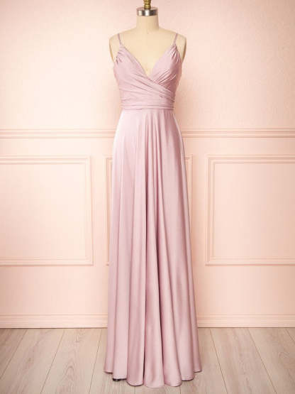 A-line V-neck Satin Floor-length Bridesmaid Dresses with Ruffles