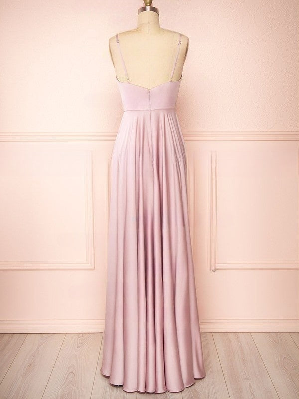 A-line V-neck Satin Floor-length Bridesmaid Dresses with Ruffles