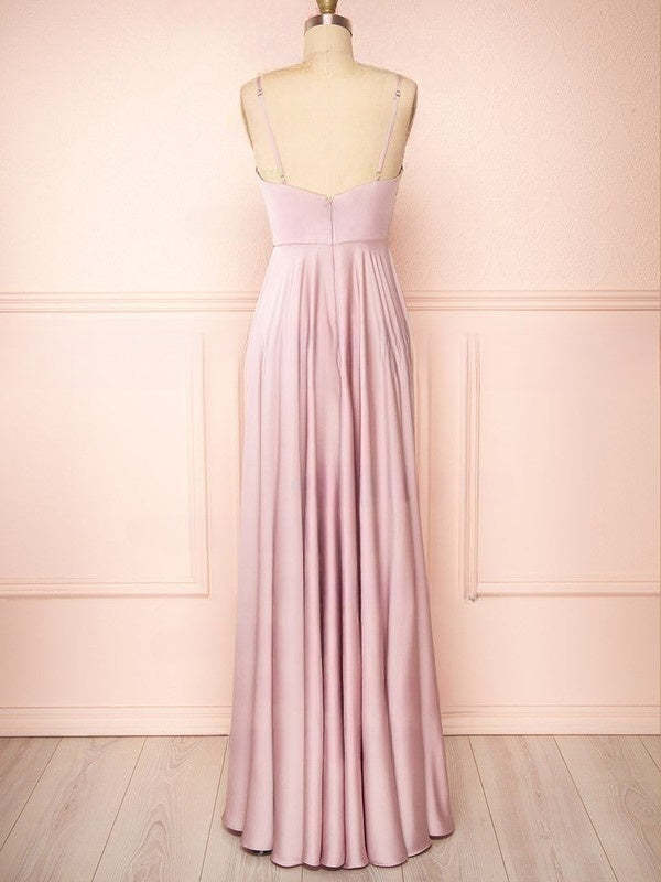 A-line V-neck Satin Floor-length Bridesmaid Dresses with Ruffles