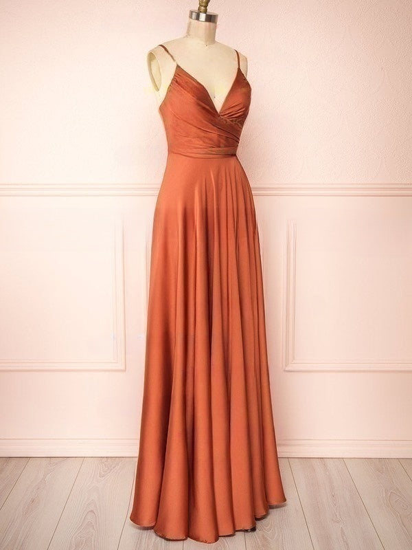 A-line V-neck Silk-like Satin Floor-length Ruffled Bridesmaid Dresses