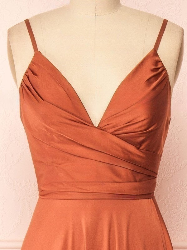 A-line V-neck Silk-like Satin Floor-length Ruffled Bridesmaid Dresses