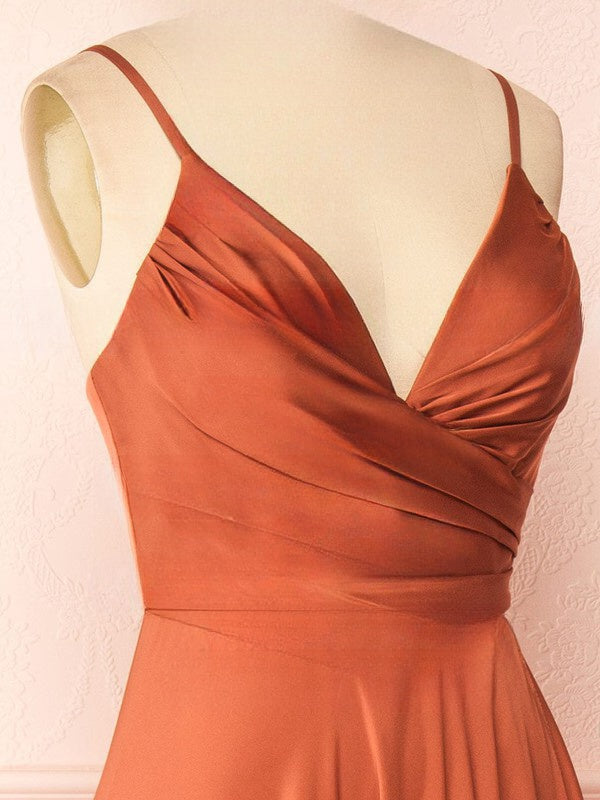 A-line V-neck Silk-like Satin Floor-length Ruffled Bridesmaid Dresses