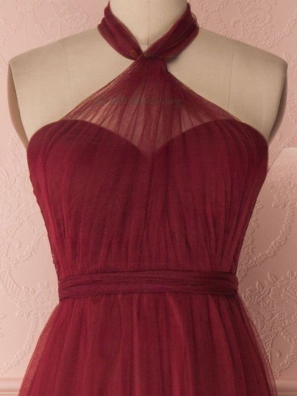 A-line Halter Tulle Floor-length Bridesmaid Dresses with Sashes / Ribbons