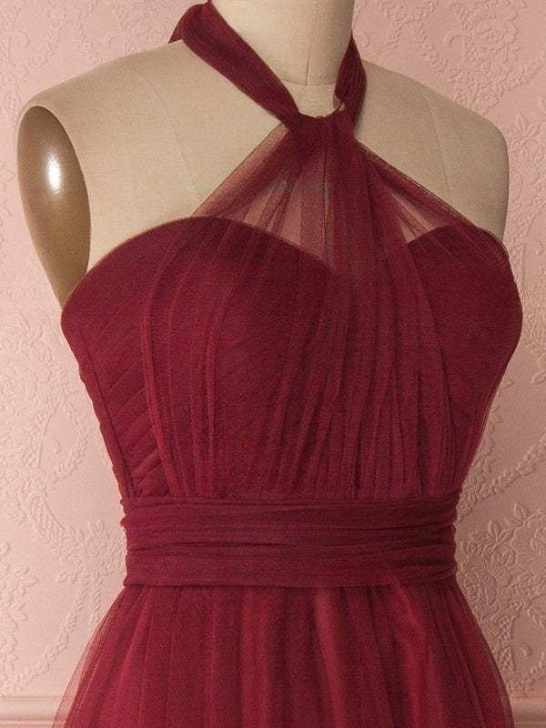 A-line Halter Tulle Floor-length Bridesmaid Dresses with Sashes / Ribbons