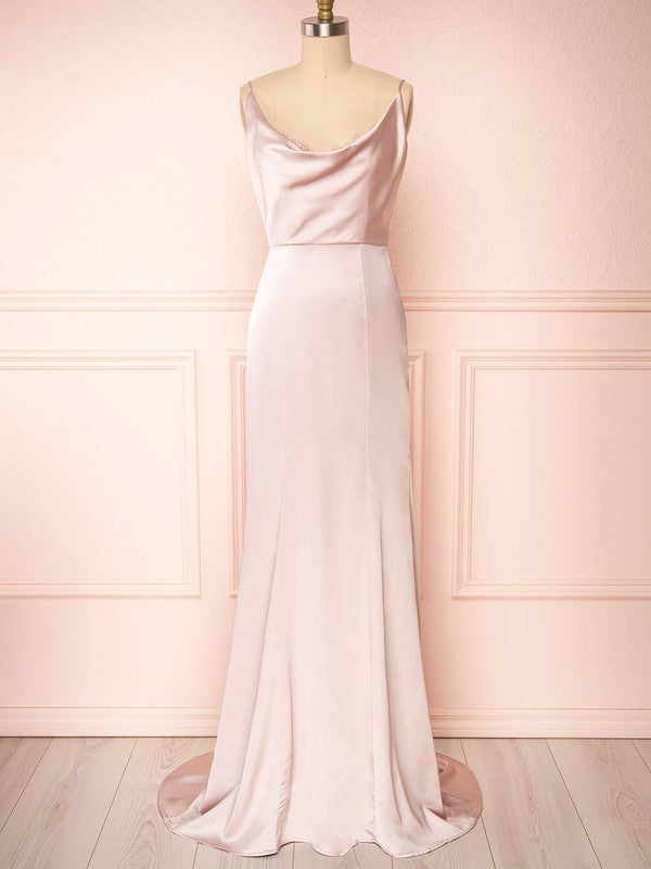 Sheath/Column Cowl Neck Silk-like Satin Sweep Train Bridesmaid Dresses