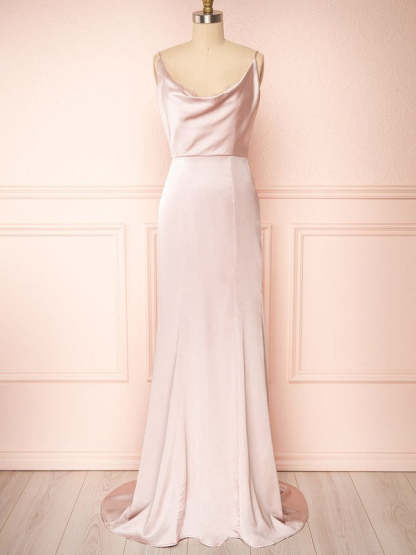 Sheath/Column Cowl Neck Silk-like Satin Sweep Train Bridesmaid Dresses