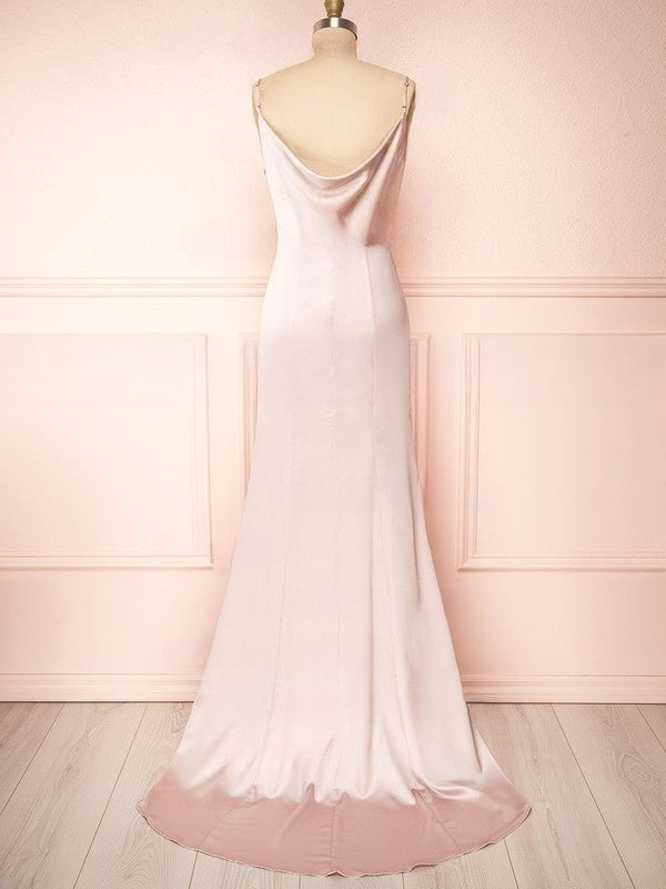 Sheath/Column Cowl Neck Silk-like Satin Sweep Train Bridesmaid Dresses