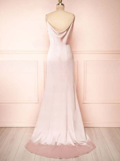 Sheath/Column Cowl Neck Silk-like Satin Sweep Train Bridesmaid Dresses