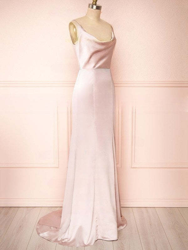 Sheath/Column Cowl Neck Silk-like Satin Sweep Train Bridesmaid Dresses
