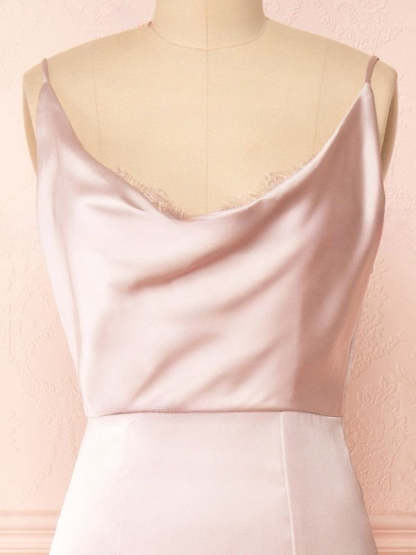 Sheath/Column Cowl Neck Silk-like Satin Sweep Train Bridesmaid Dresses