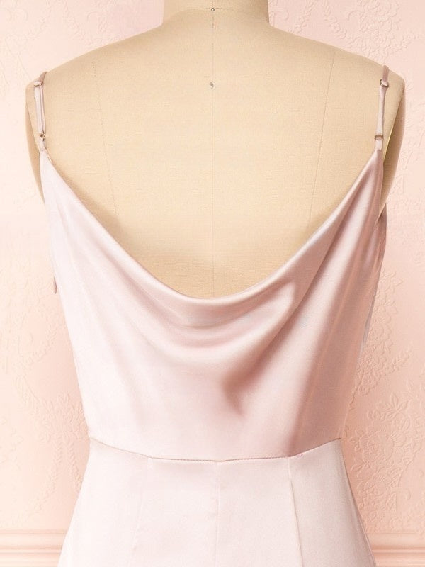 Sheath/Column Cowl Neck Silk-like Satin Sweep Train Bridesmaid Dresses