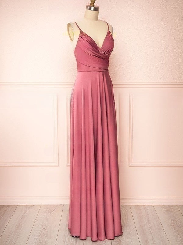 A-line V-neck Silk-like Satin Floor-length Ruffles Bridesmaid Dresses