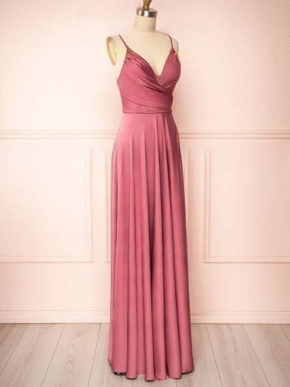 A-line V-neck Silk-like Satin Floor-length Ruffles Bridesmaid Dresses
