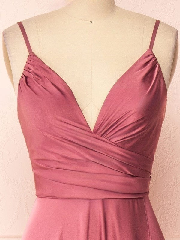 A-line V-neck Silk-like Satin Floor-length Ruffles Bridesmaid Dresses