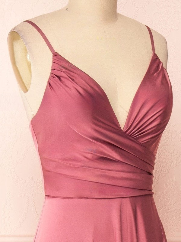 A-line V-neck Silk-like Satin Floor-length Ruffles Bridesmaid Dresses