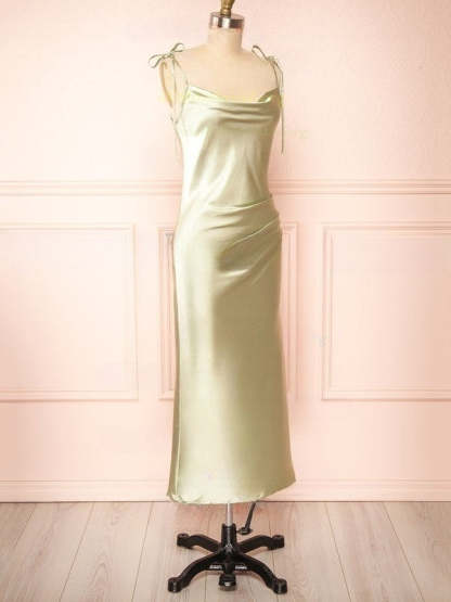 Beautiful Sheath/Column Cowl Neck Satin Tea-length Split Front Bridesmaid Dresses