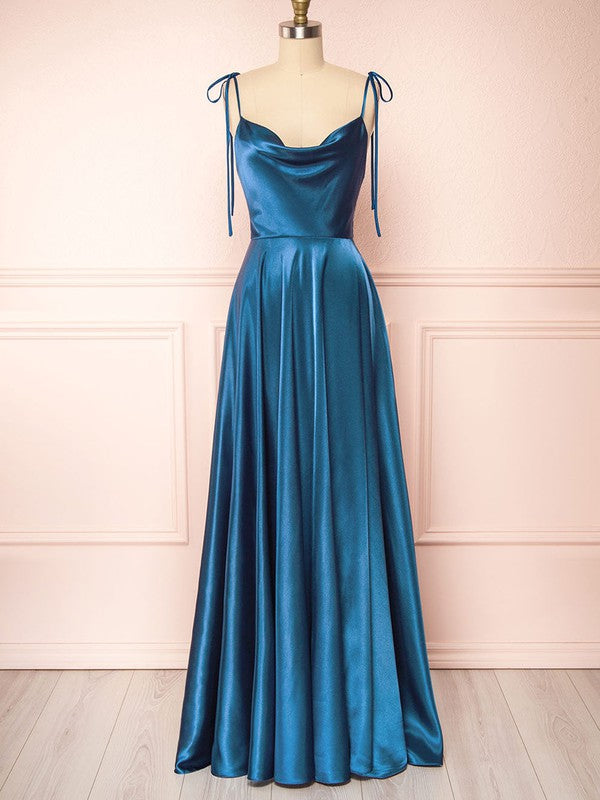 A-line Cowl Neck Satin Bridesmaid Dresses with Sweep Train