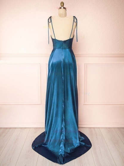 A-line Cowl Neck Satin Bridesmaid Dresses with Sweep Train