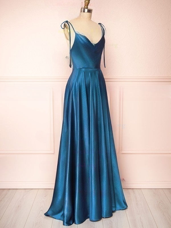 A-line Cowl Neck Satin Bridesmaid Dresses with Sweep Train