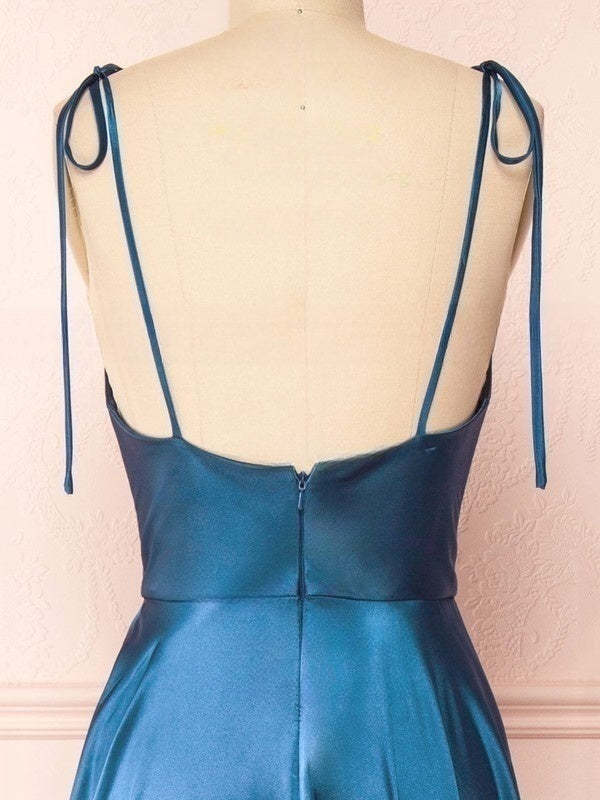 A-line Cowl Neck Satin Bridesmaid Dresses with Sweep Train