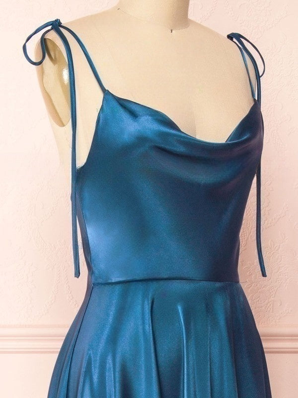 A-line Cowl Neck Satin Bridesmaid Dresses with Sweep Train