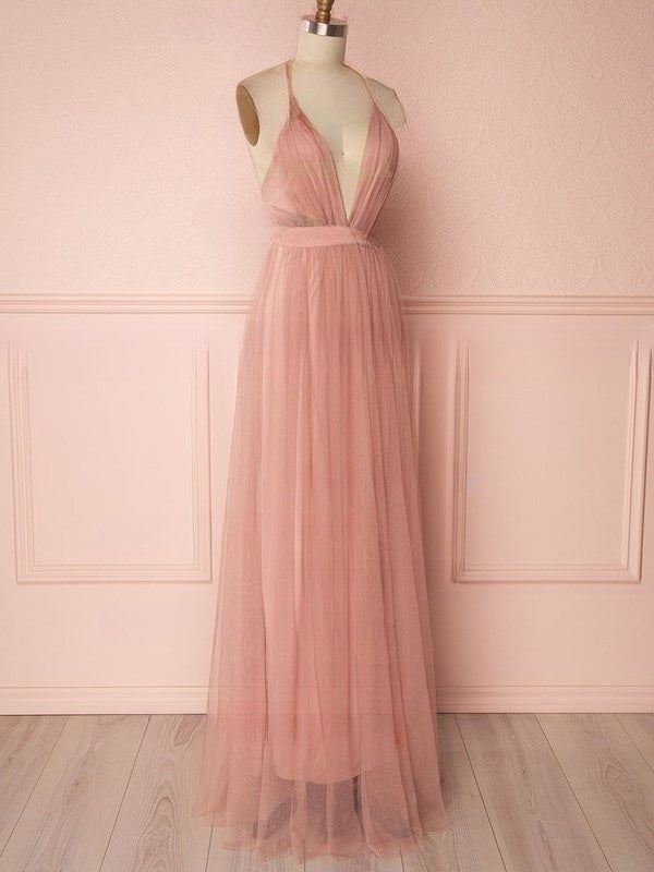 A-line V-neck Tulle Floor-length Ruffled Bridesmaid Dresses