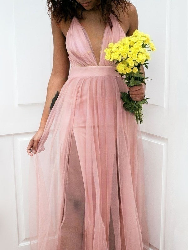 A-line V-neck Tulle Floor-length Ruffled Bridesmaid Dresses